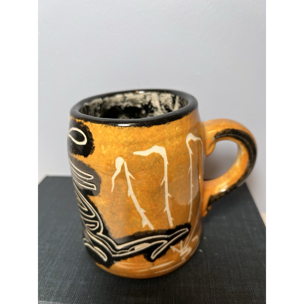 Black Ceramic Pottery Mug Tribal Art Signed Handcrafted